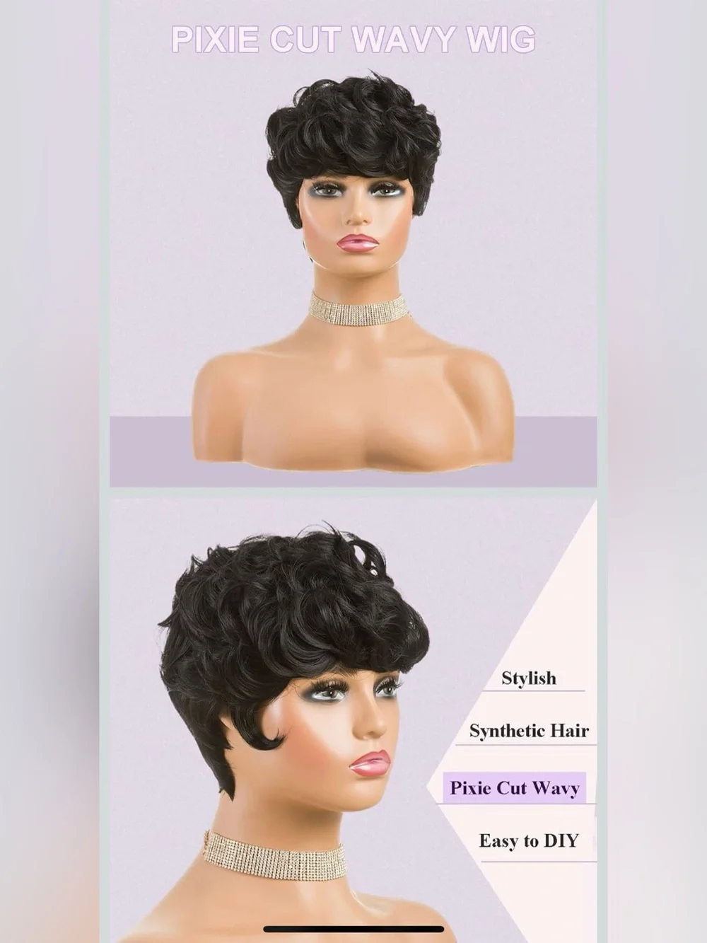 Short Curly Pixie Wig Black With Bangs